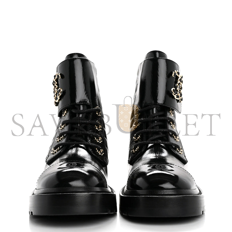 Ch**el shiny calfskin quilted lace up combat boots g36424